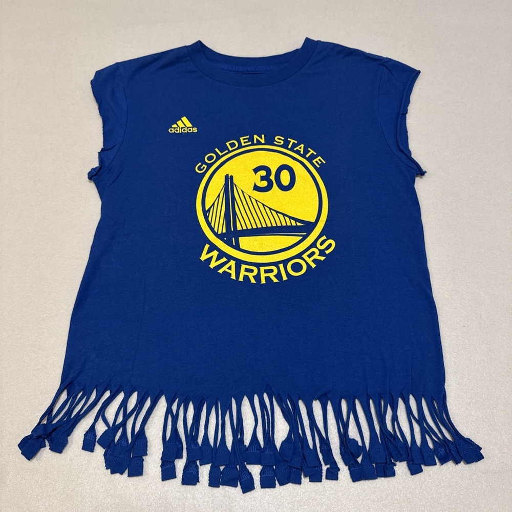 Adidas Kids‎ Golden State Warriors Curry TShirt Distressed Fringe Sz M10-12 Blue